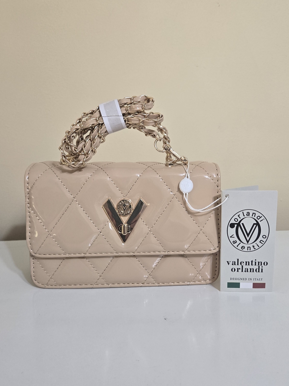 Valentino Orlandi Quilted Patent Vegan Leather Shoulder Bag in Nude - Picture 2 of 12